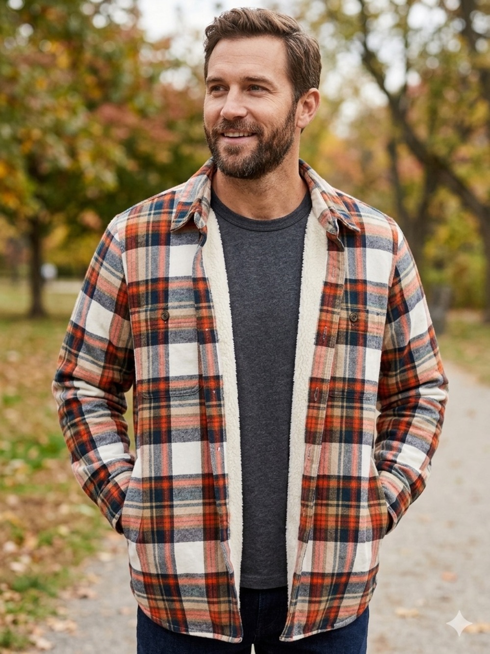 J. Crew Orange, Cream Plaid Sherpa-Lined Shirt Jacket